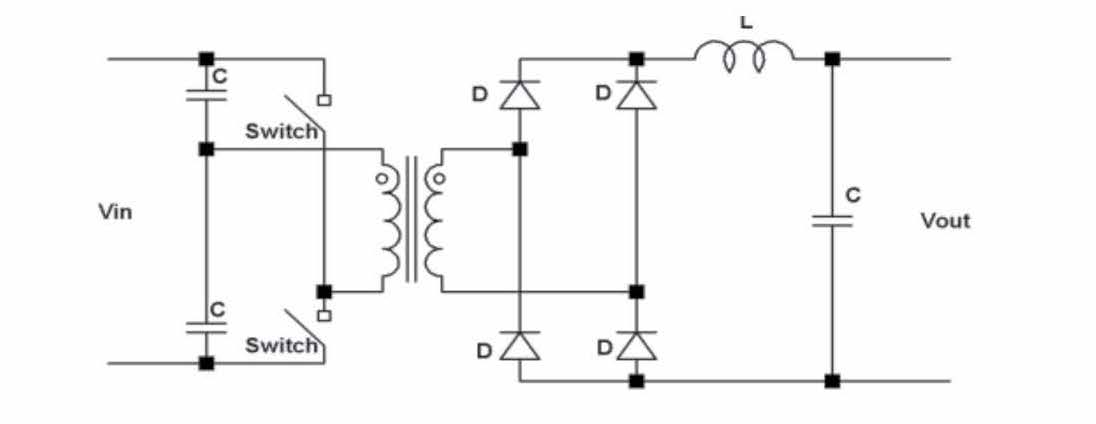 ハーフブリッジ方式のスイッチング電源回路図